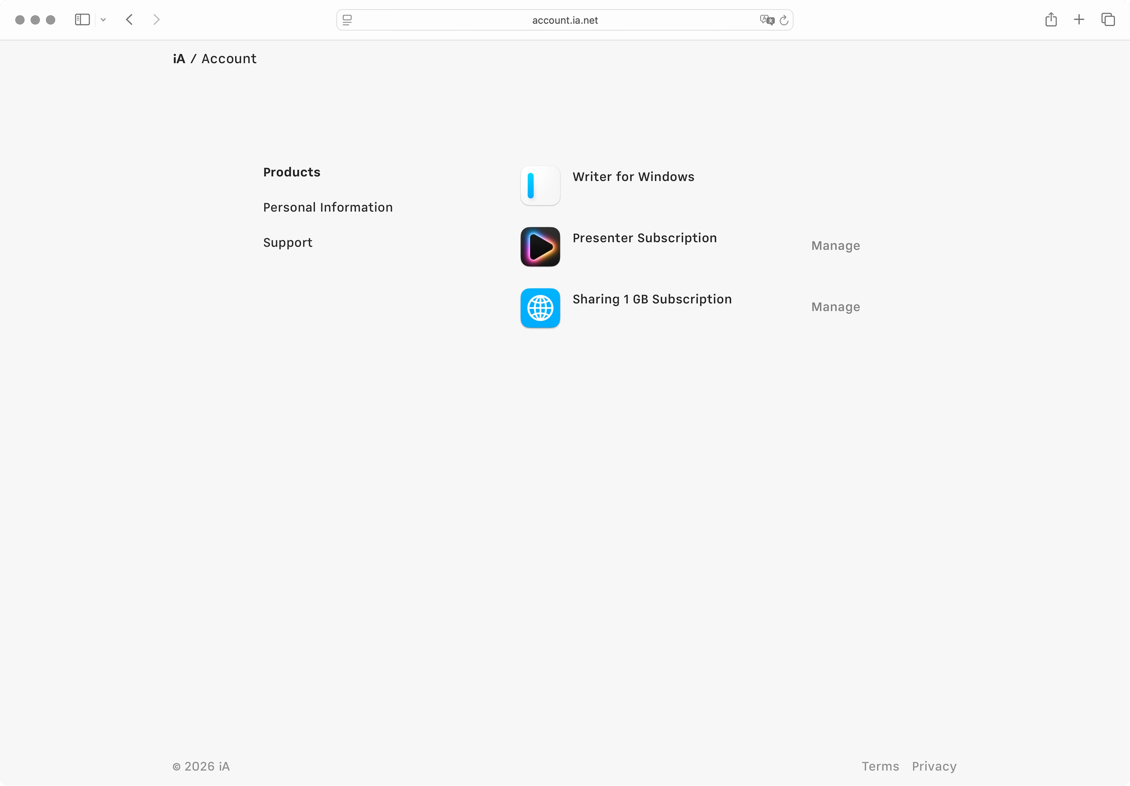 iA Account dashboard showing full lineup of user's iA products