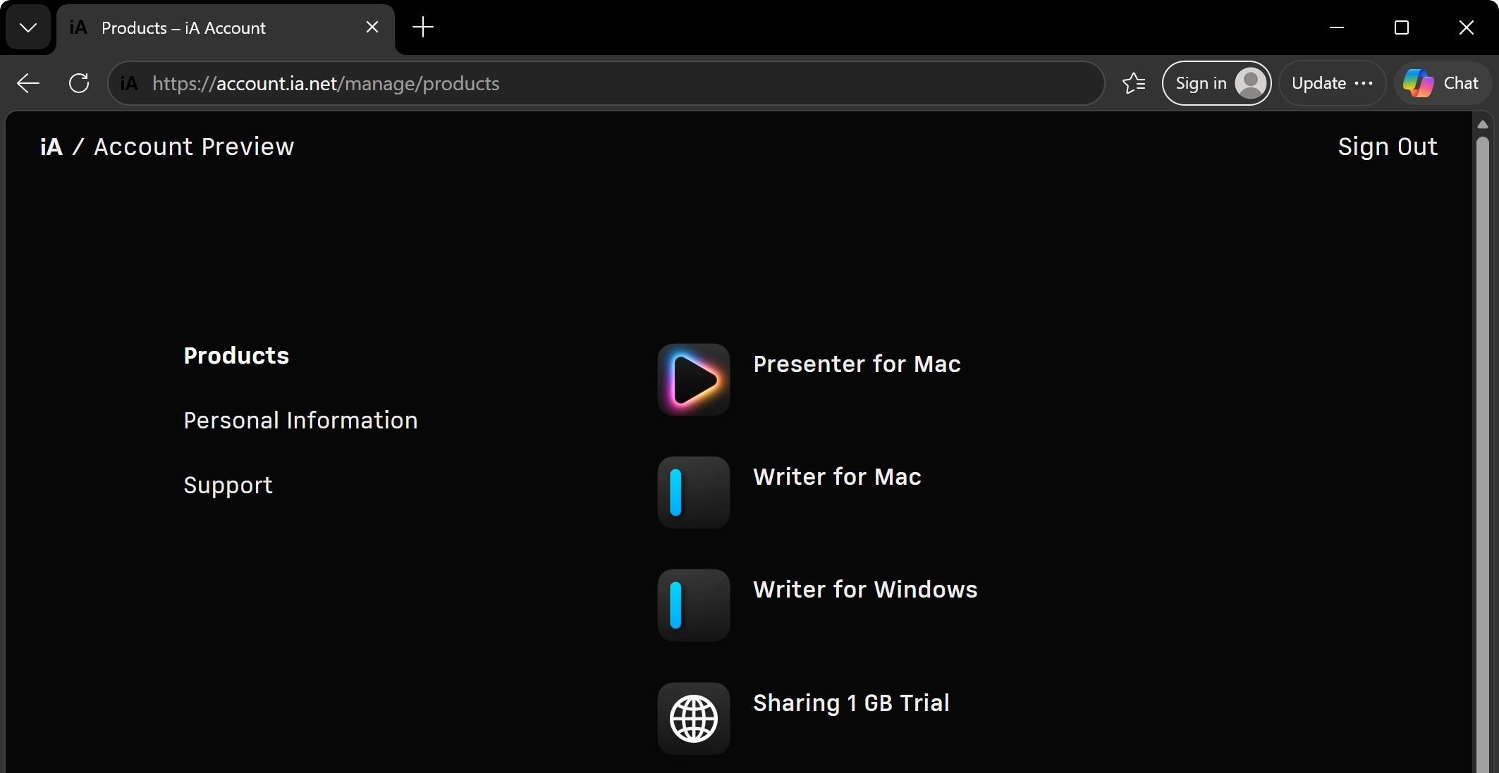 iA Account dashboard showing user's product portfolio