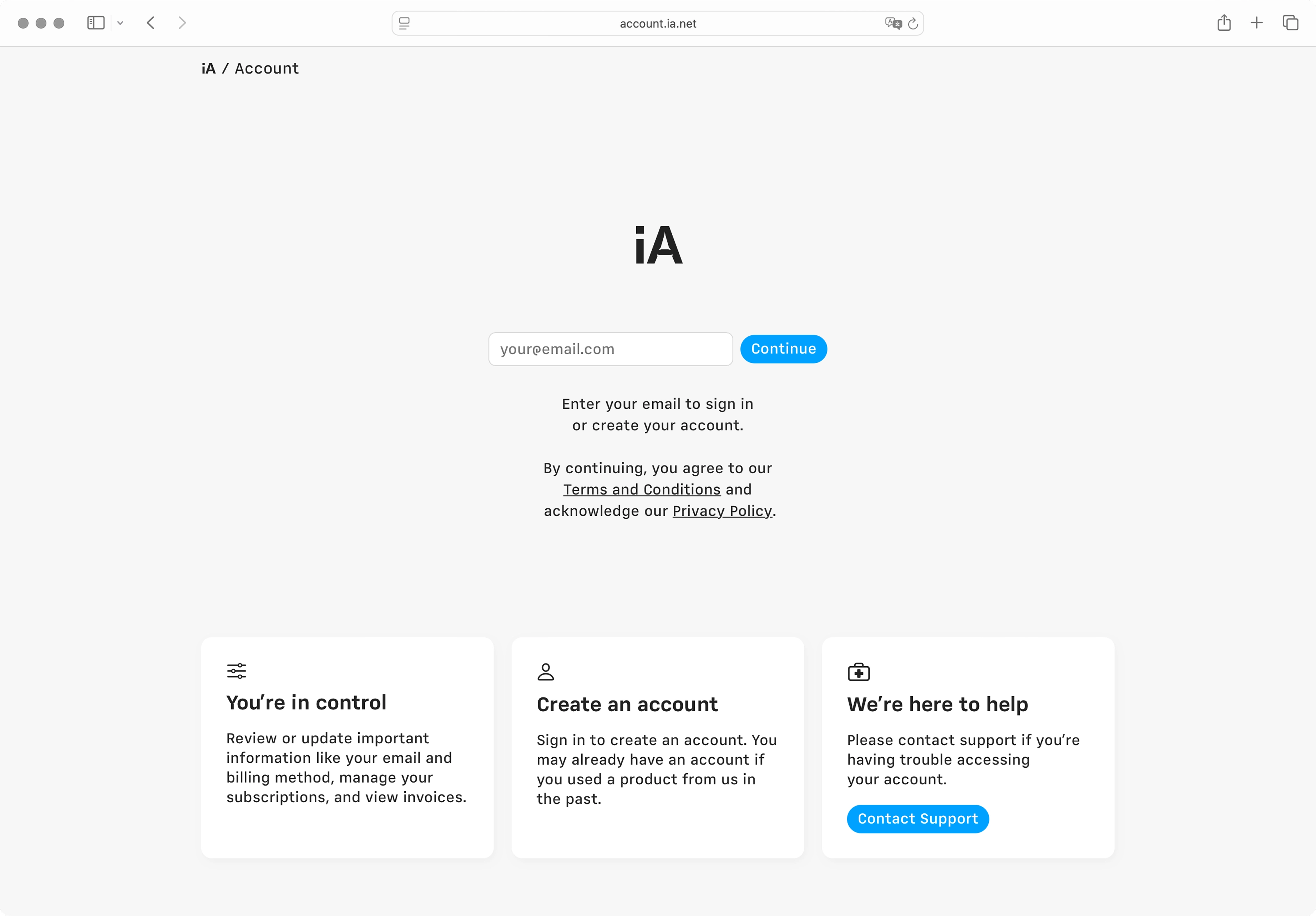 Login page for iA Account