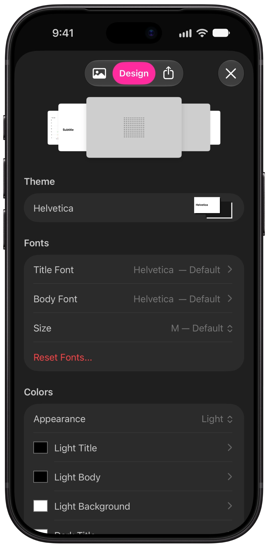 The Theme section within the Design menu.