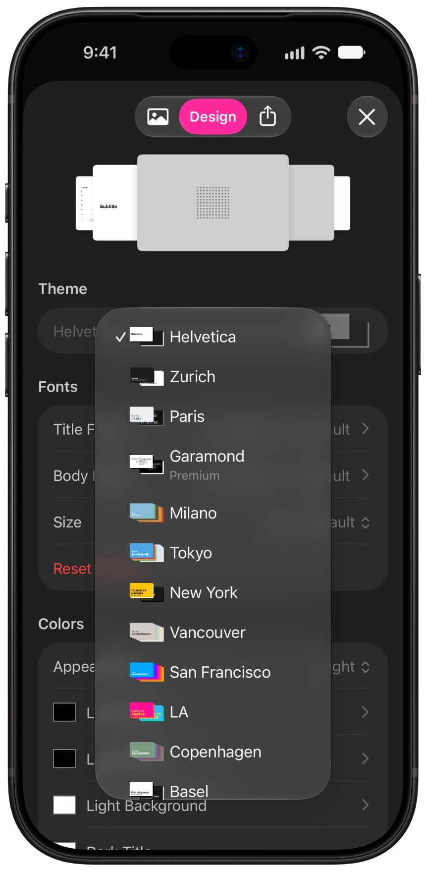 The Theme dropdown menu.