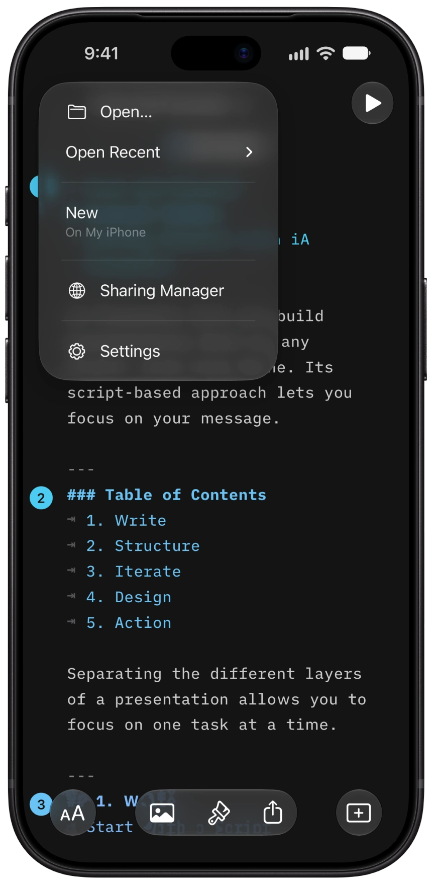 Screenshot of Presenter on iPhone showing how to access the Settings from the Files button in the Editor