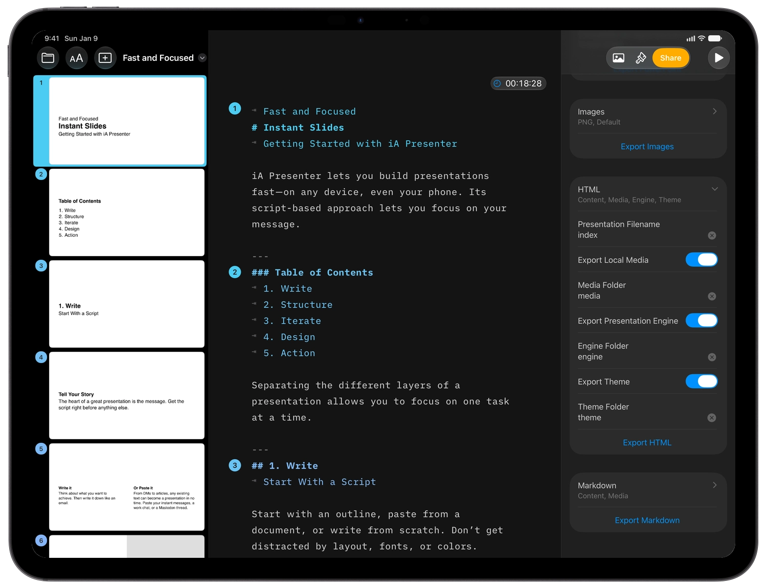The HTML section of the Share inspector, with the filename, folder and engine options.