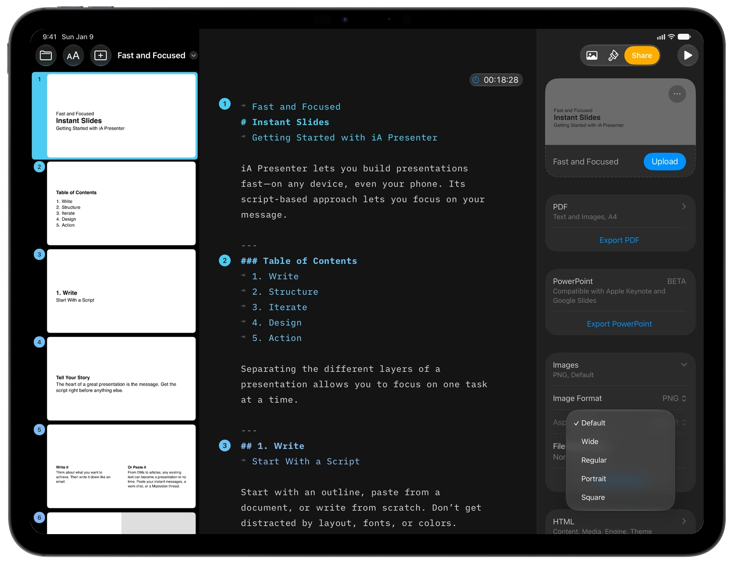 The Images section of the Share inspector, with the Aspect Ratio menu open.