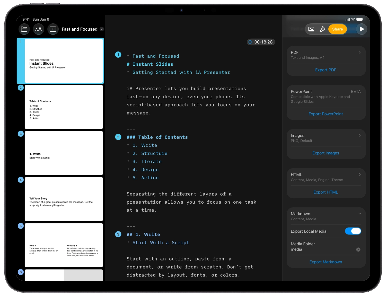 The Markdown section of the Share inspector, with the local media options.