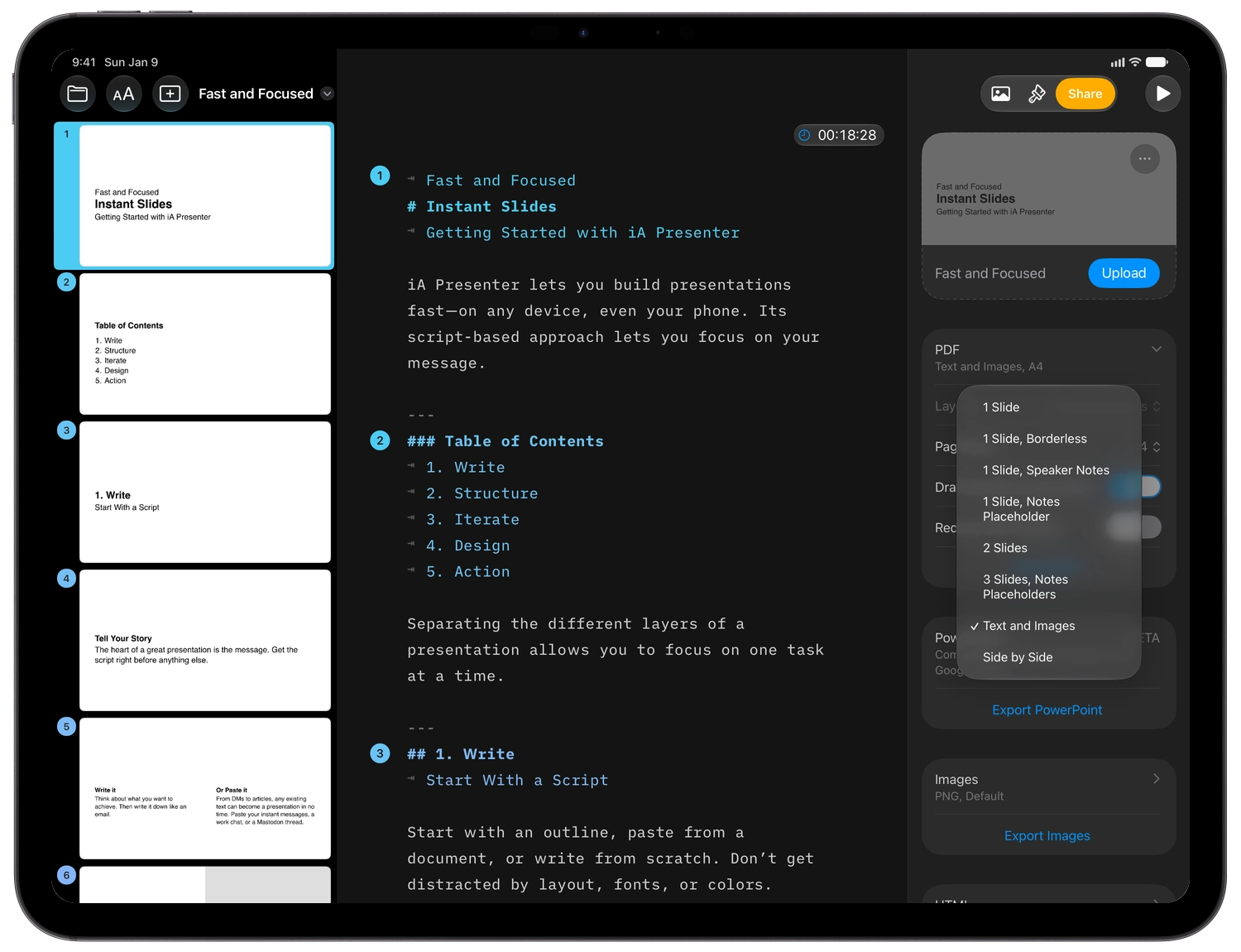 The PDF section of the Share inspector, with the Layout menu open.