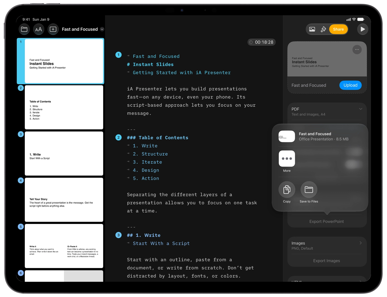 After tapping Export PowerPoint, the share sheet offers the .pptx file.