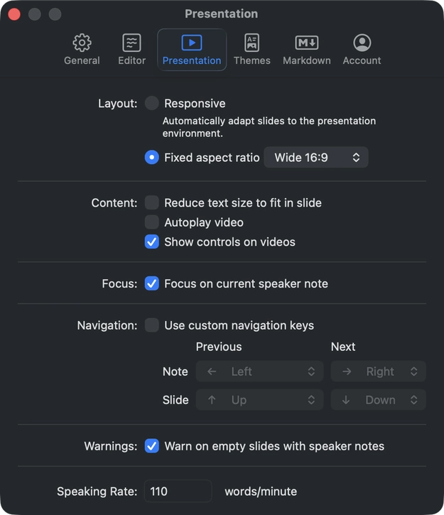 サムネイルのアスペクト比を変更する方法を示した Presentation Settings の画面。