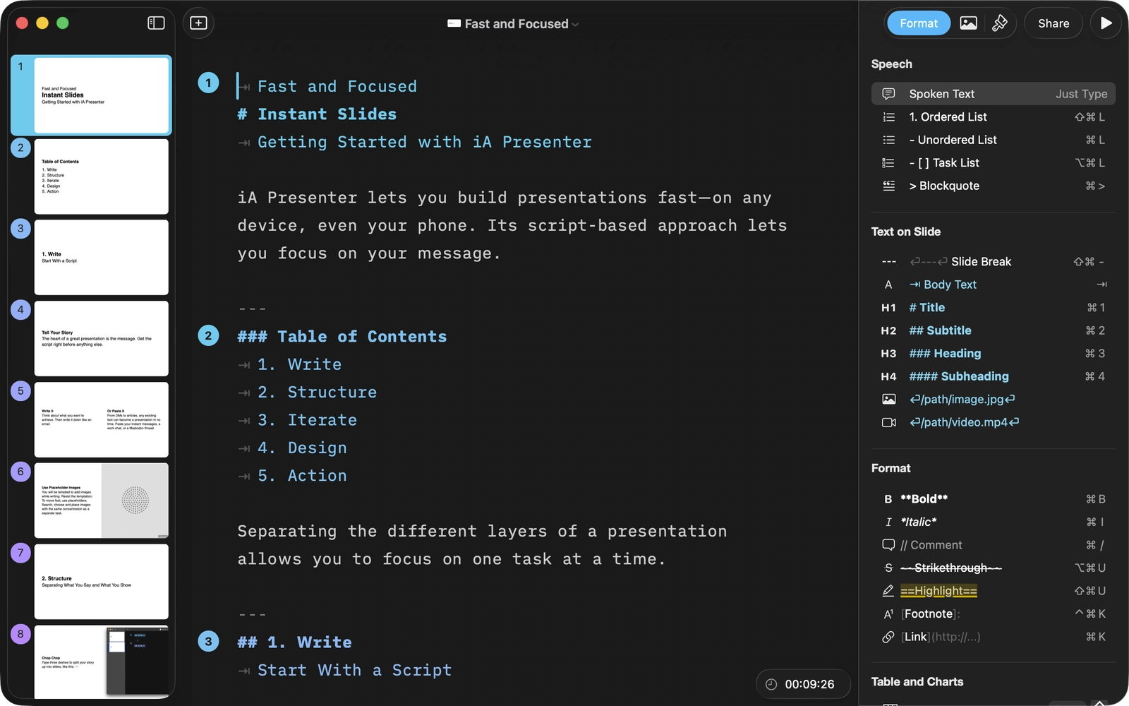 Presenter で Thumbnails パネル、Editor、Inspector を開いた画面。