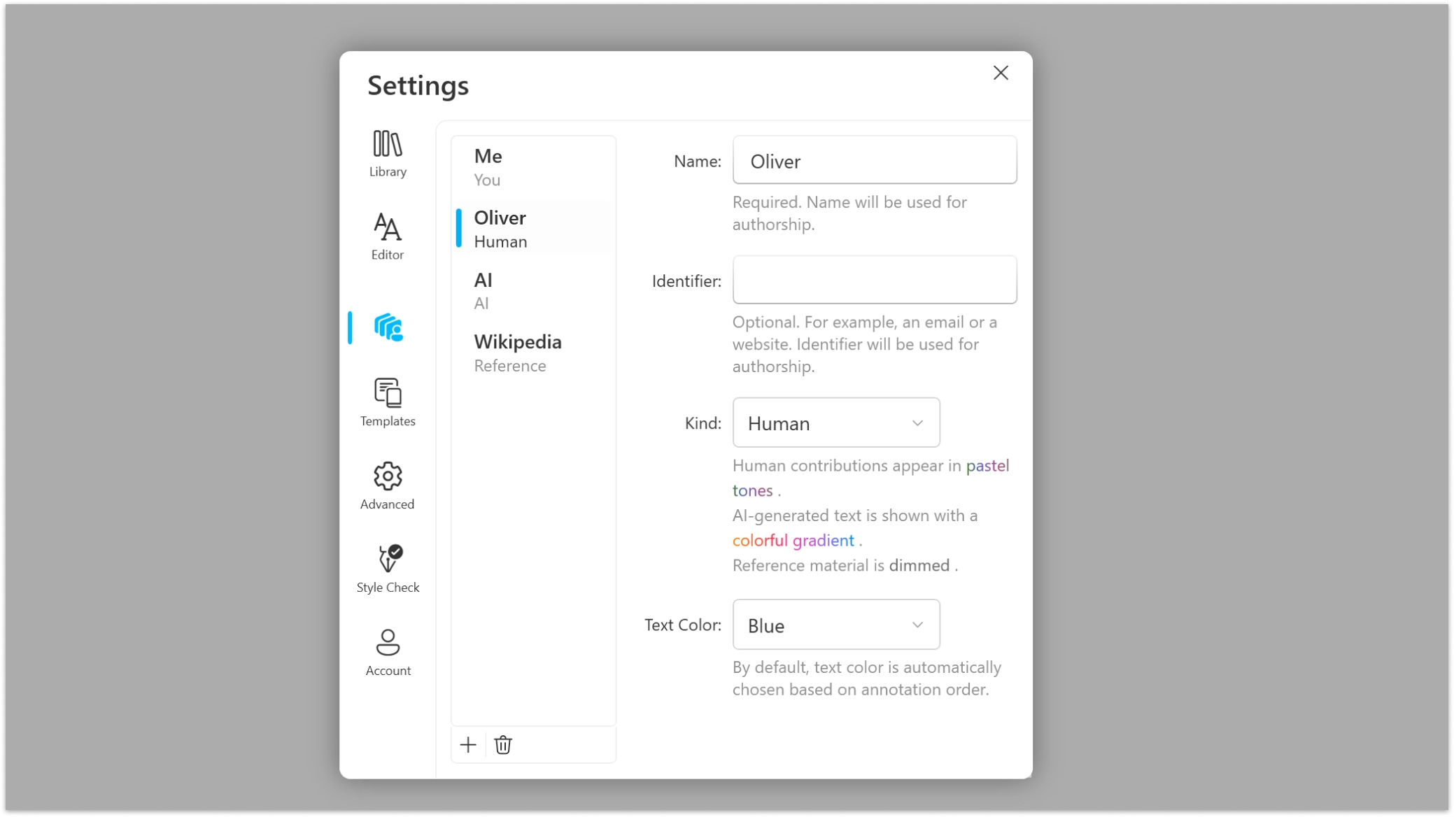 A screenshot of the Authors tab from the Settings in iA   Writer.