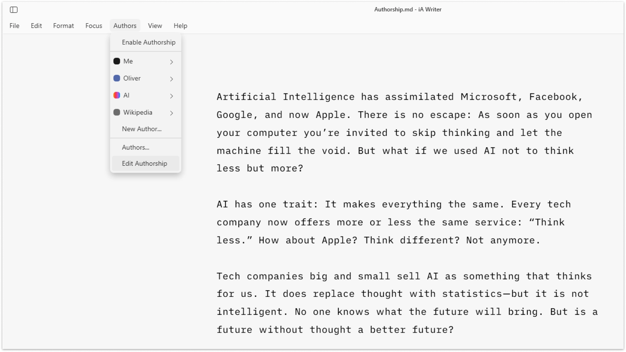 A screenshot of the top bar menu with the Authors submenu expanded.