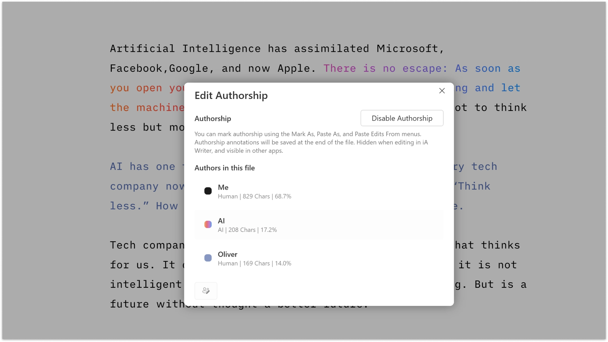 A screenshot of a pop-up menu for editing authorships.