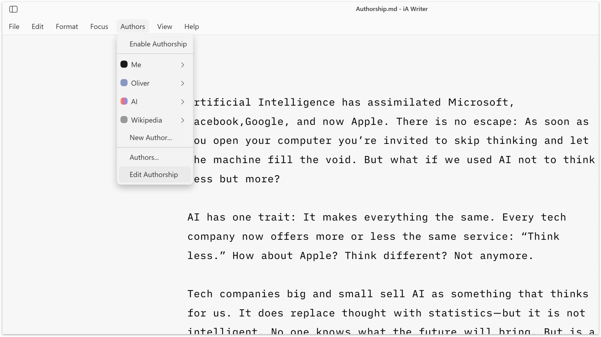 A screenshot of the top bar menu with the Authors submenu expanded.