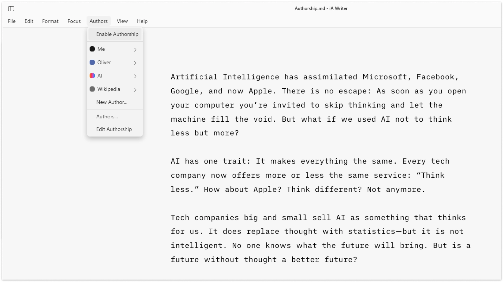 Close-up of the top-left Author menu, highlighting where to enable Authorship.