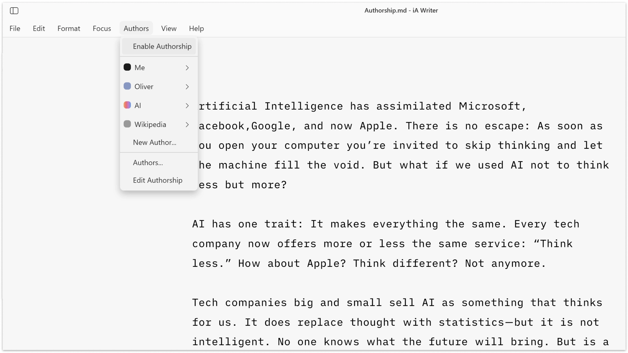 Close-up of the top-left Author menu, highlighting where to enable Authorship.