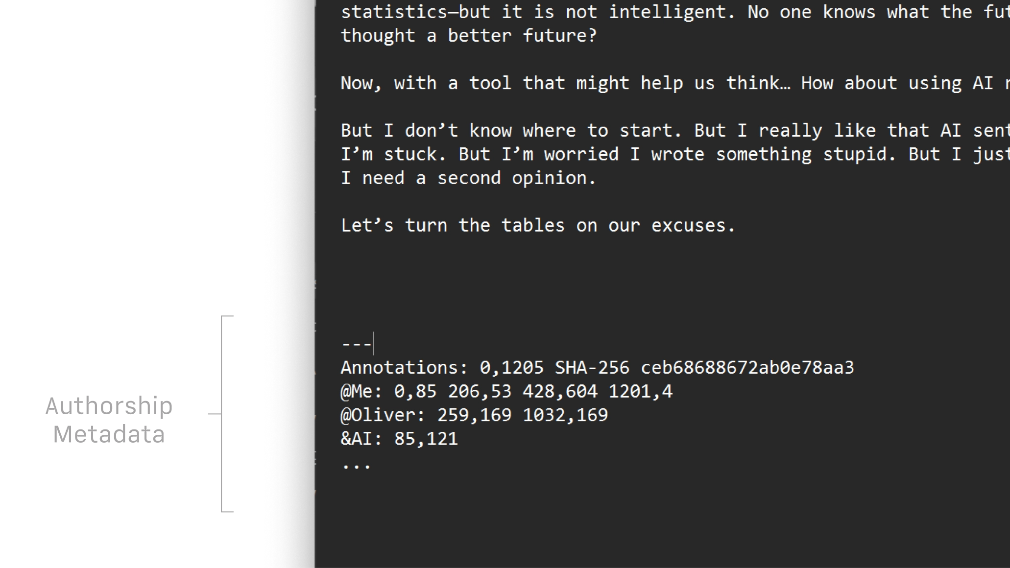 A text made in iA Writer using Authorship open  in another text editor showing authorship annotations at the bottom.