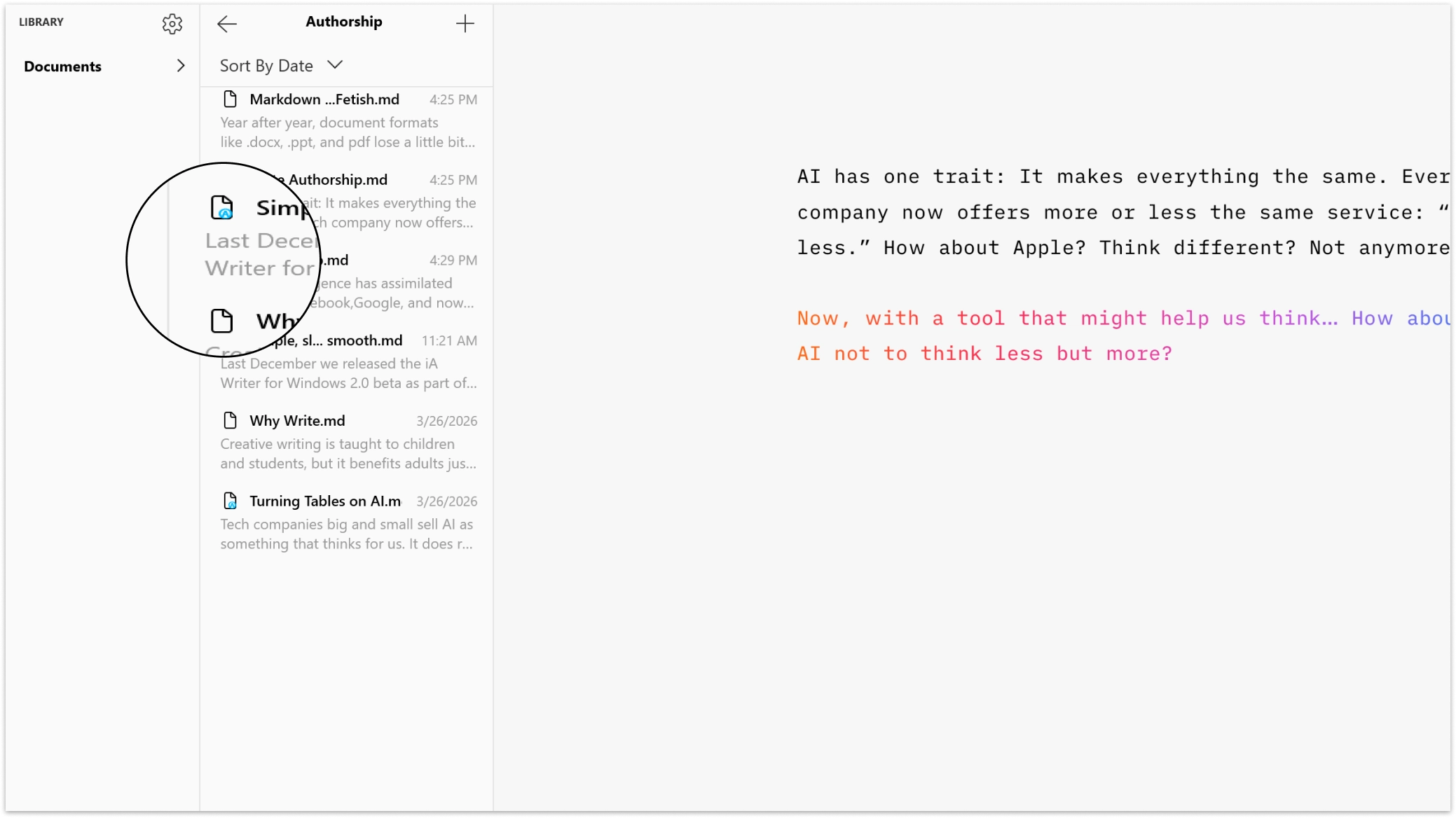 Close-up of the little blue mark on a file modified with Authorship.