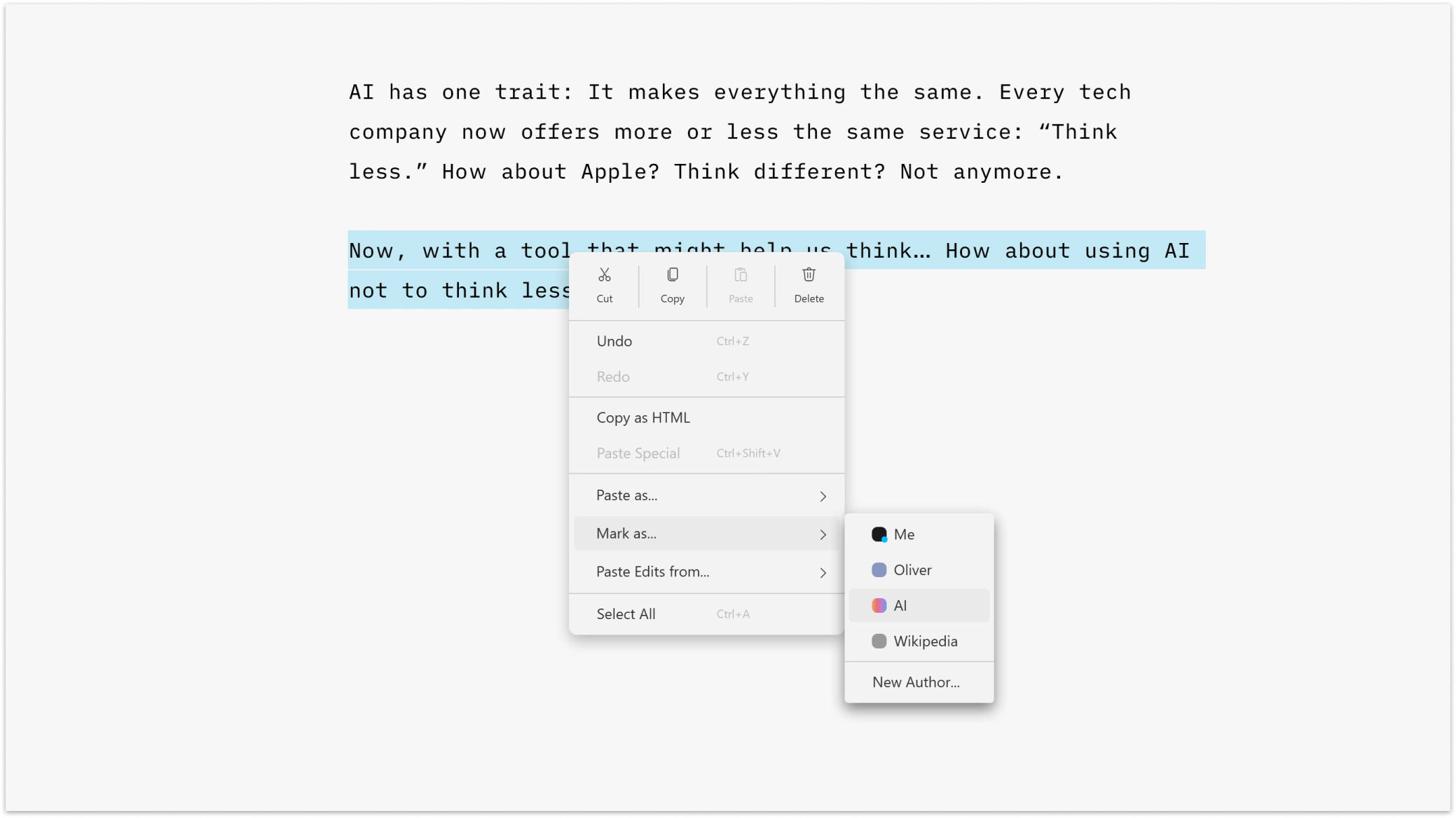 A screenshot of a context menu open with the option to mark as for a selection of the text with Authorship