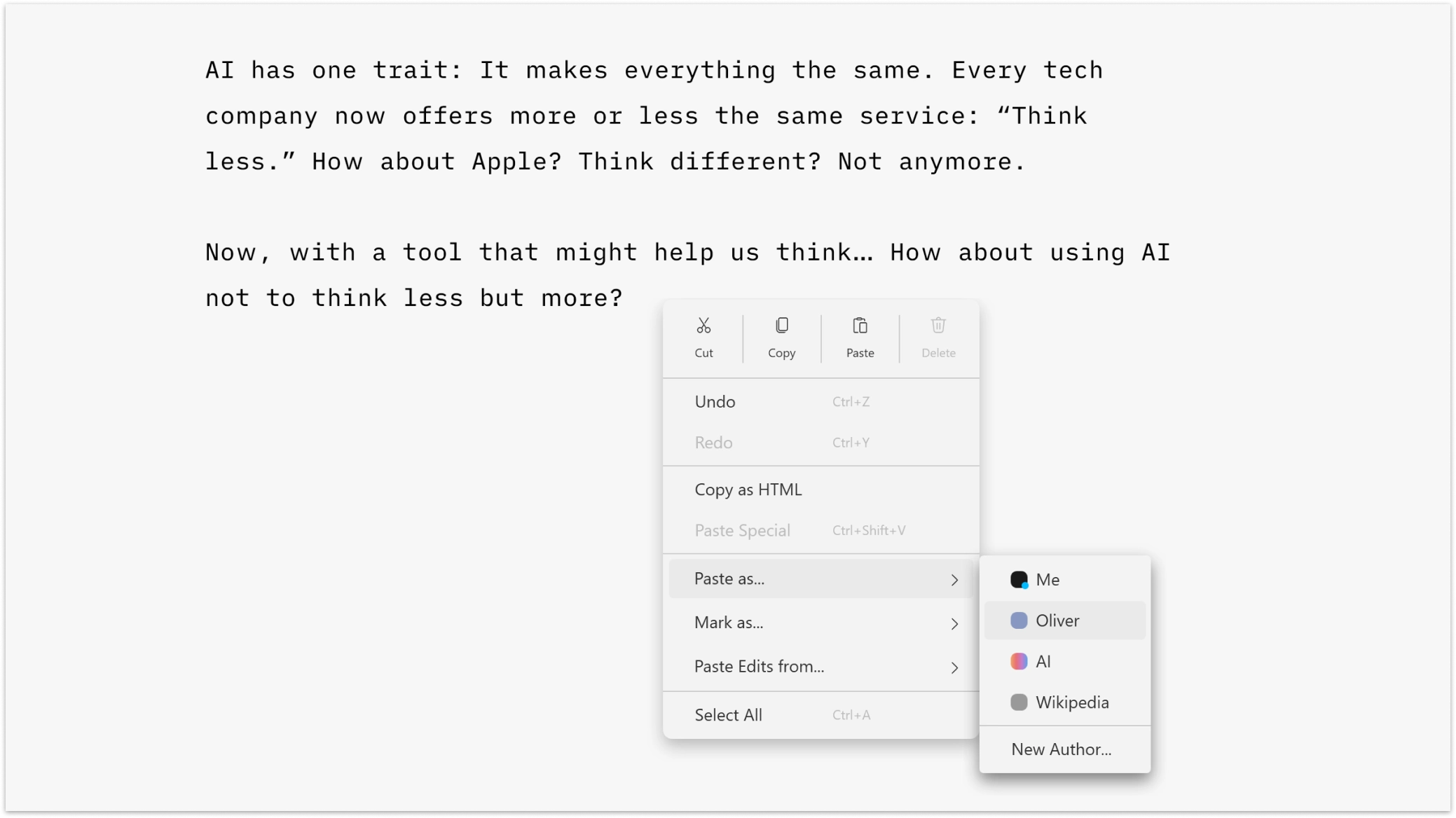 A screenshot of a context menu open with the option to paste as in the text with Authorship