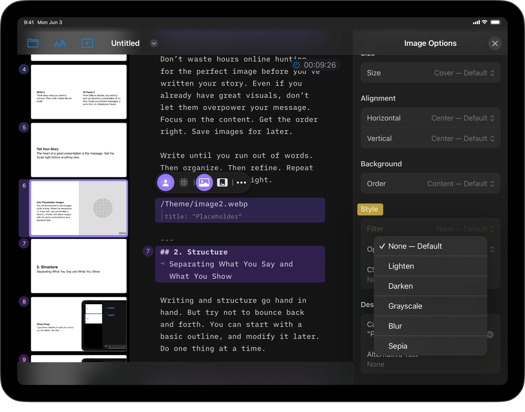 Screenshot of filter options in the Image Options menu.