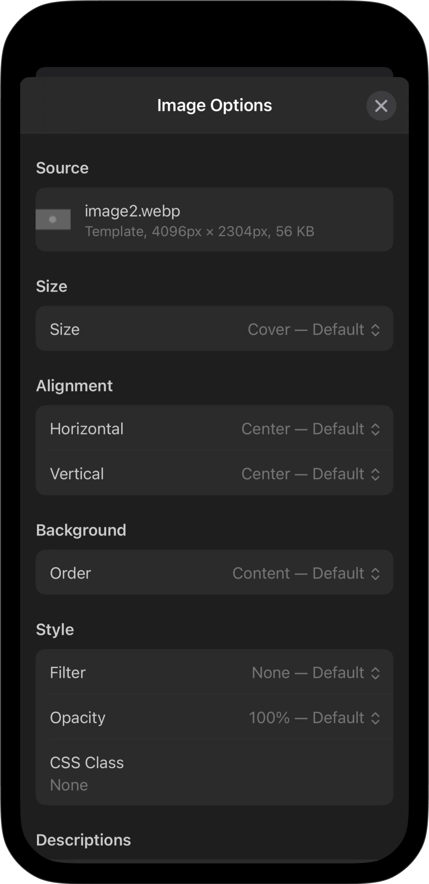 Screenshot showing the Image Options menu