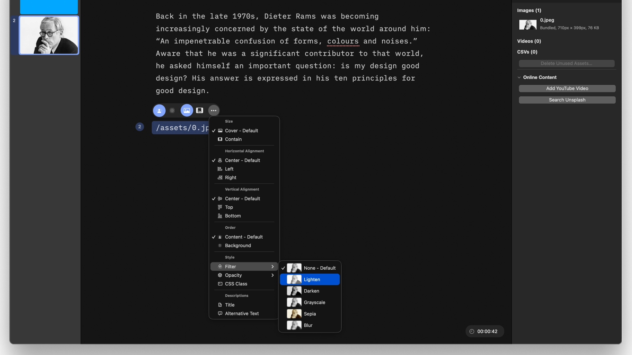 Filter options from the contextual menu