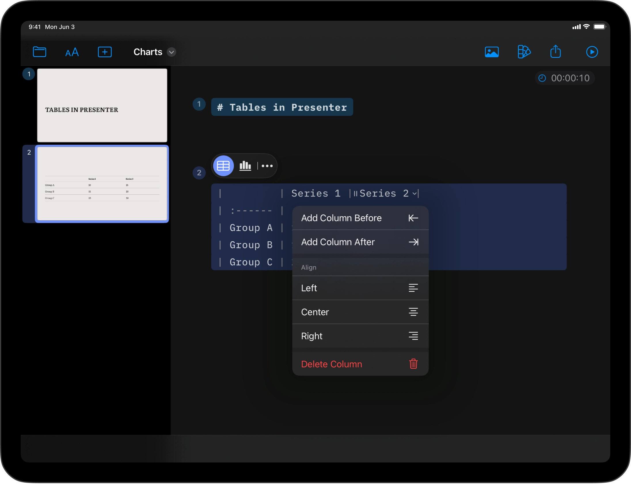 The context menu from the dropdown arrow within the table