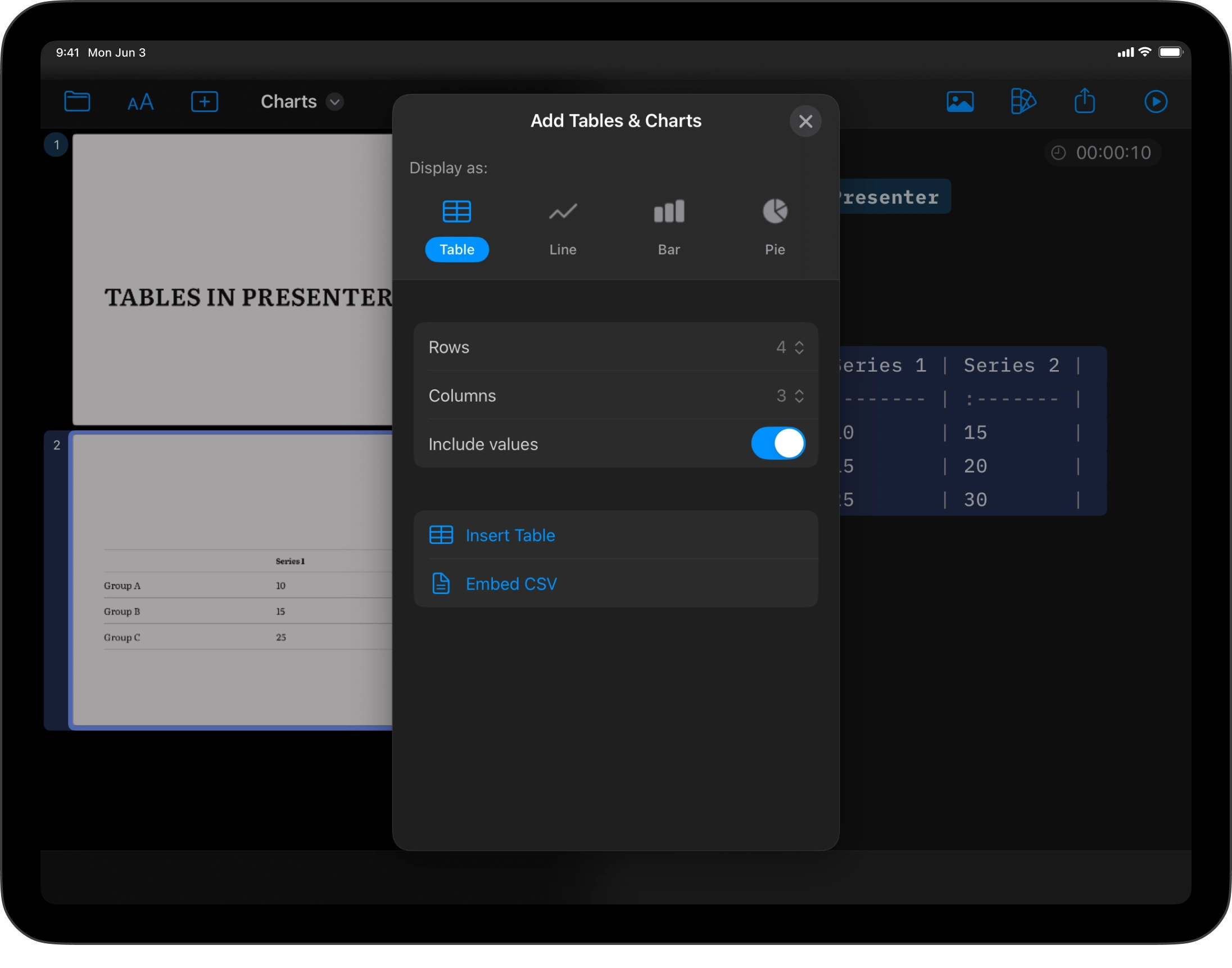 The Tables and Charts generator