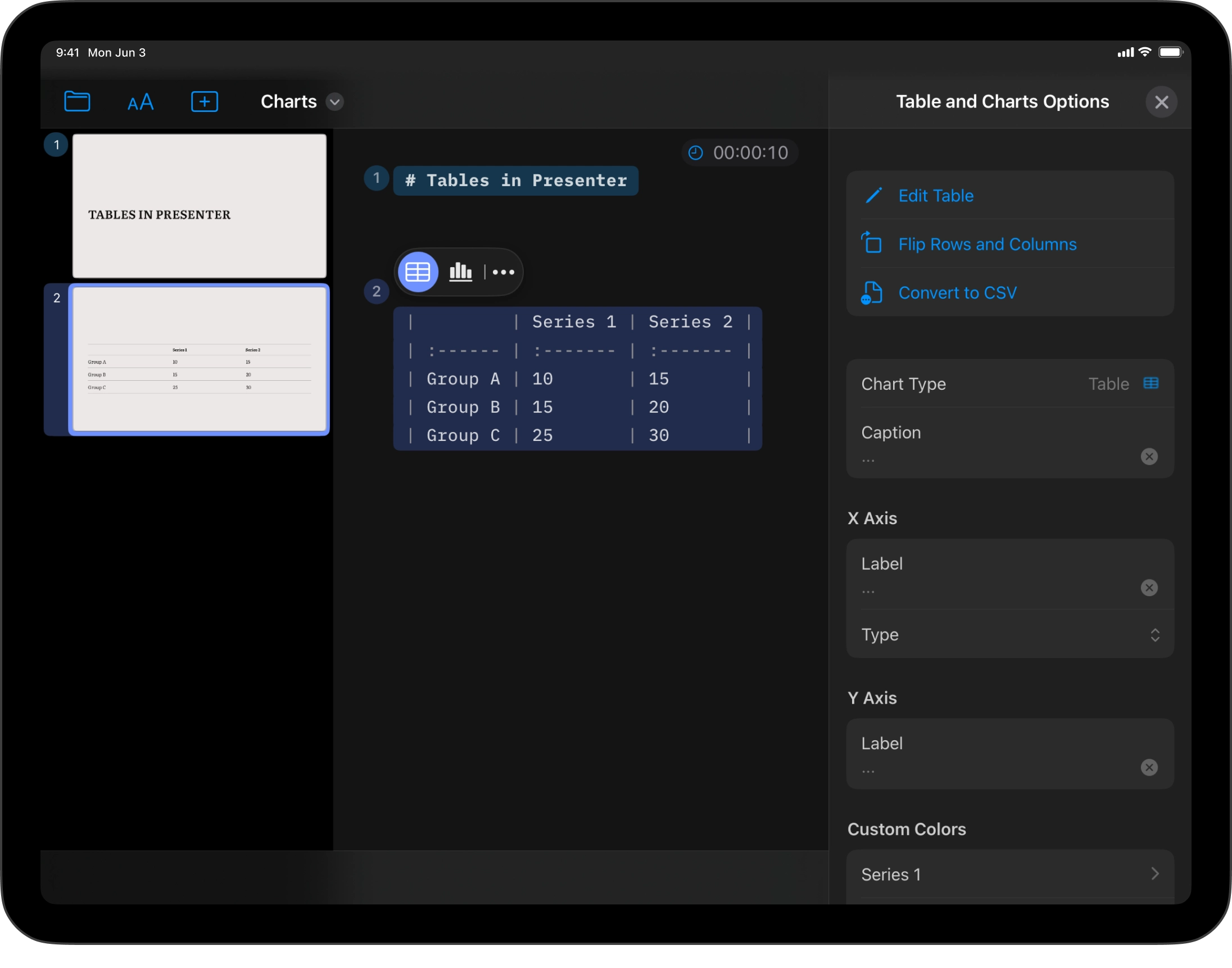 The Tables and Charts toolbar menu options