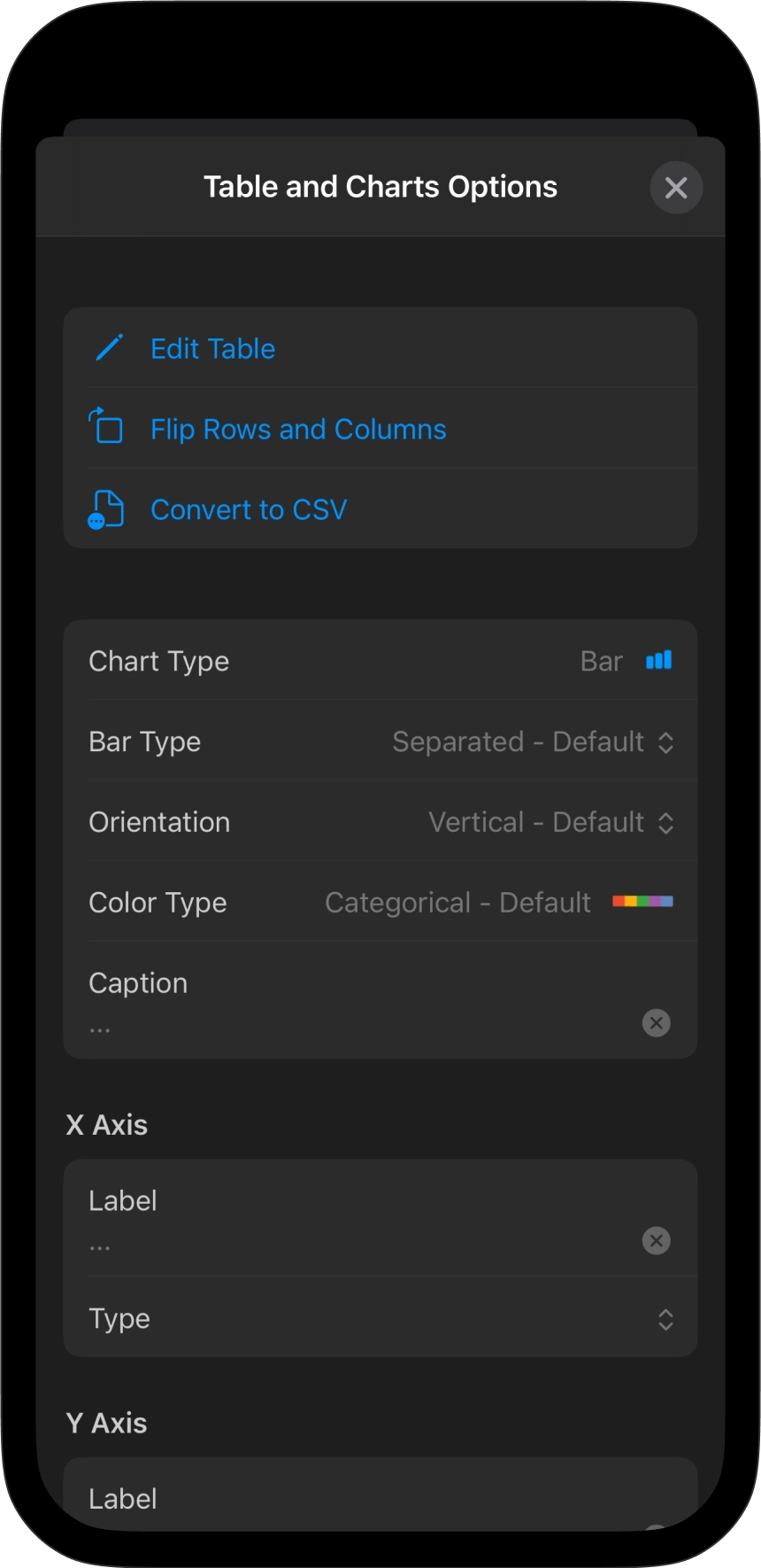 The contextual chart menu from the toolbar