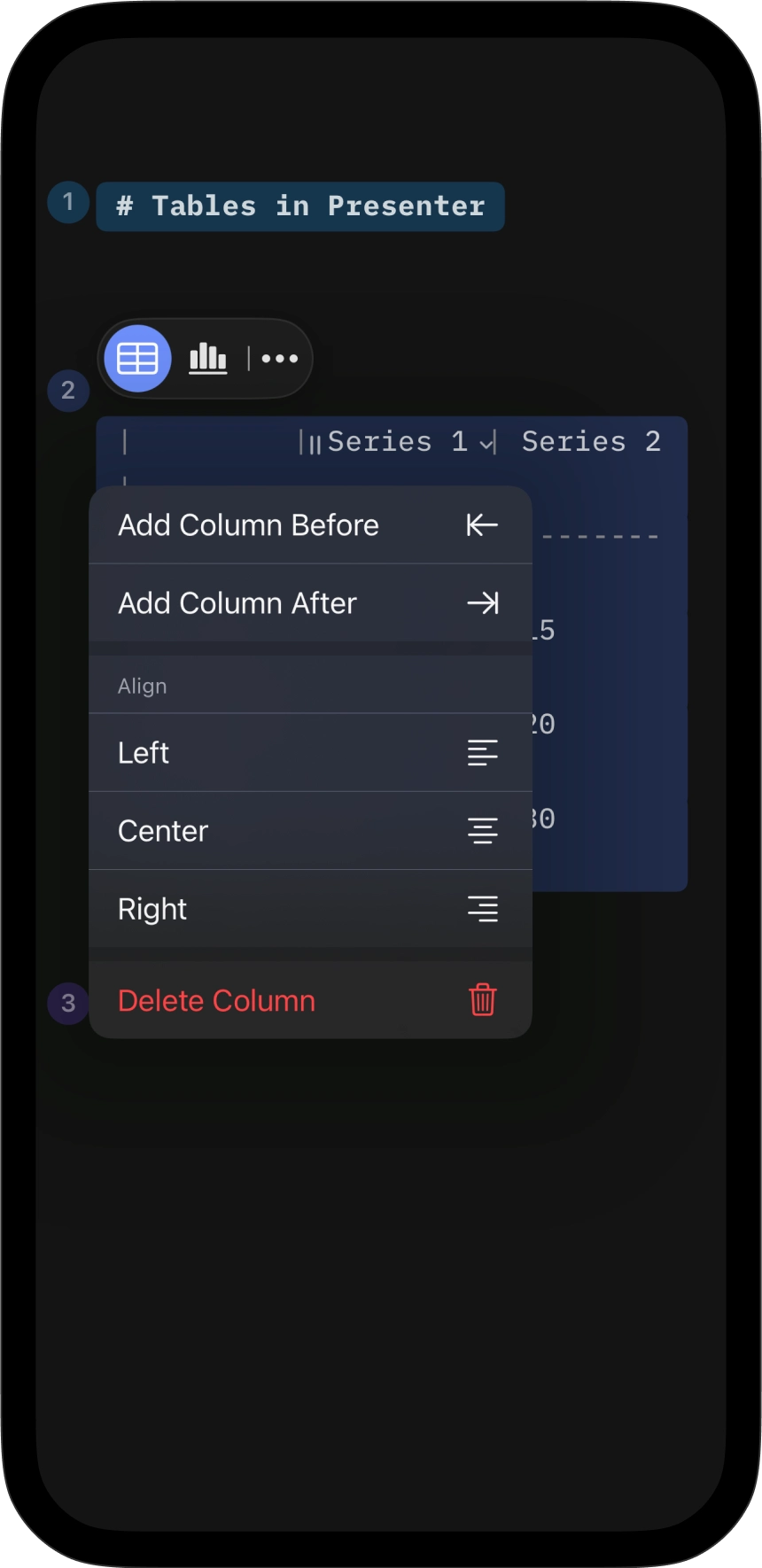 The context menu from the dropdown arrow within the table