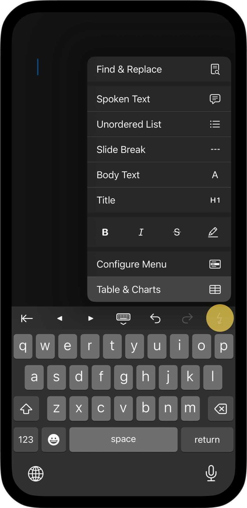 Access Tables and Charts options from the lightning menu