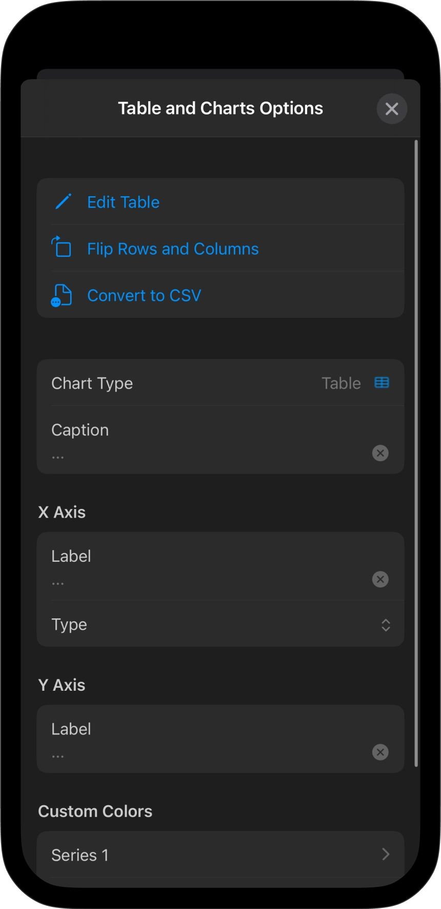 The Tables and Charts toolbar menu options