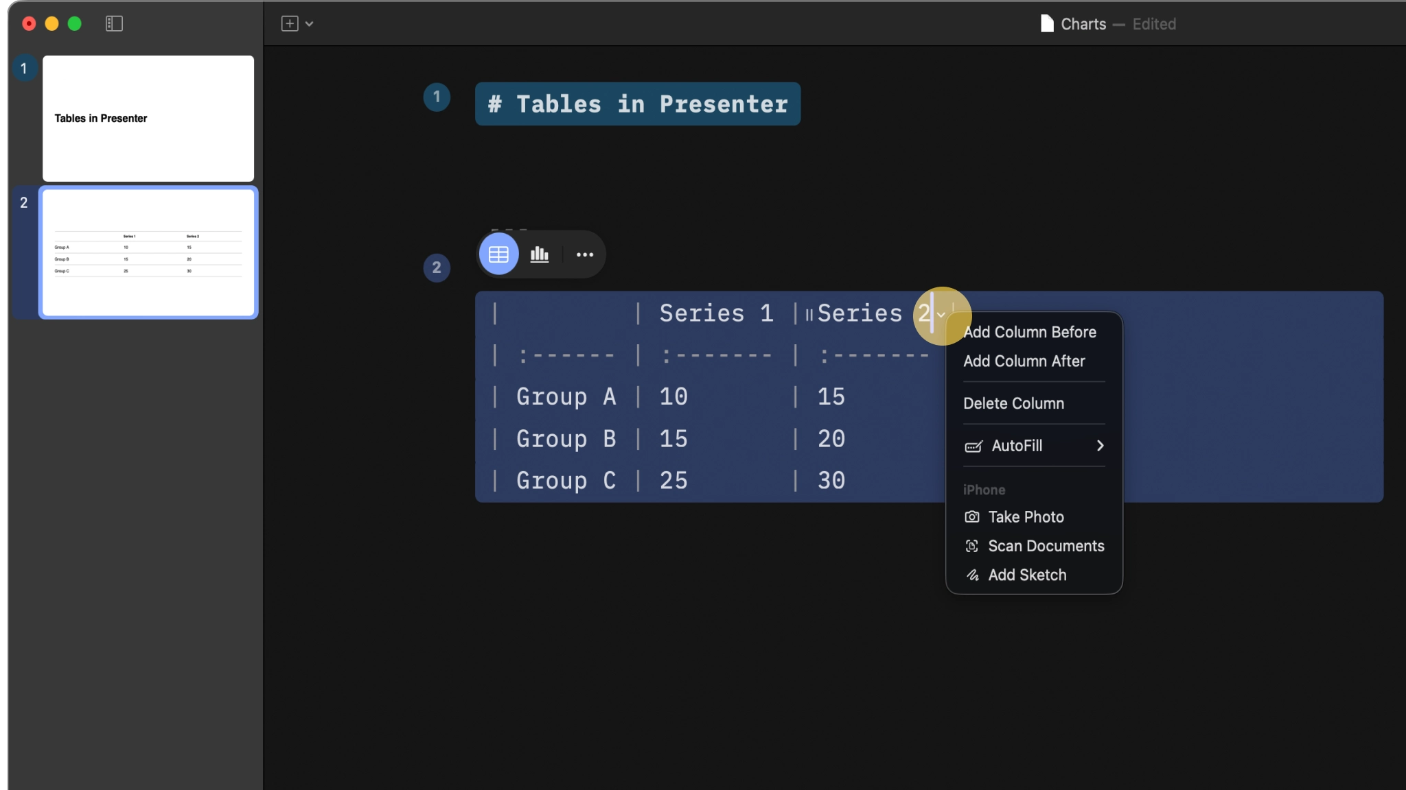 Another context menu can be opened from within the top row of the table