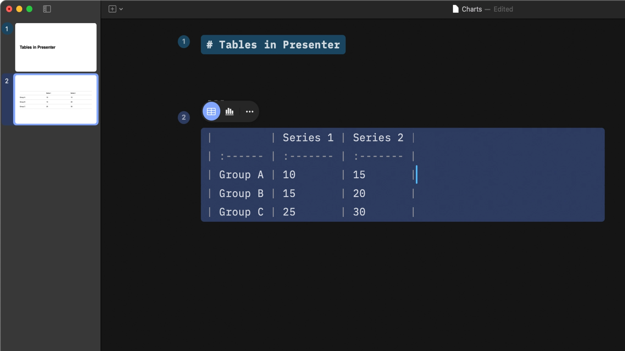 A table in Presenter with a contextual toolbar for customization.