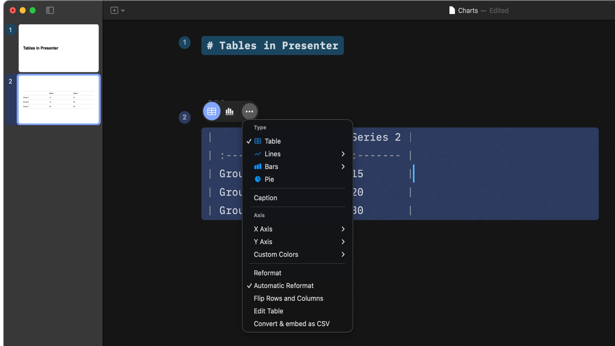 A menu open from the contextual toolbar to customize the table