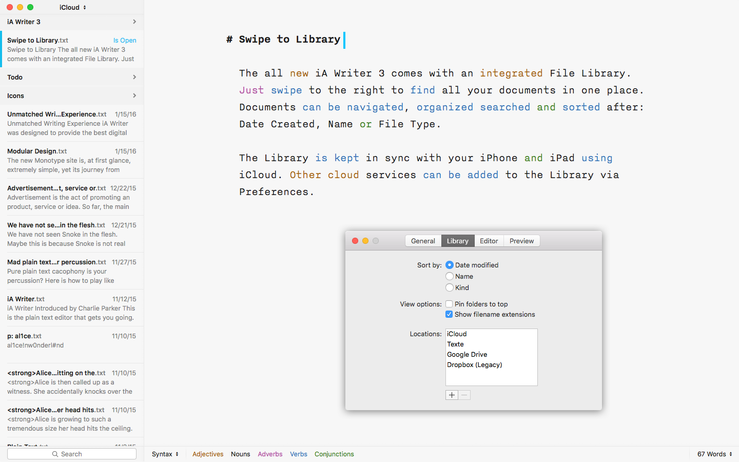 iA Writer Editor and Library opened with Syntax Highlight on