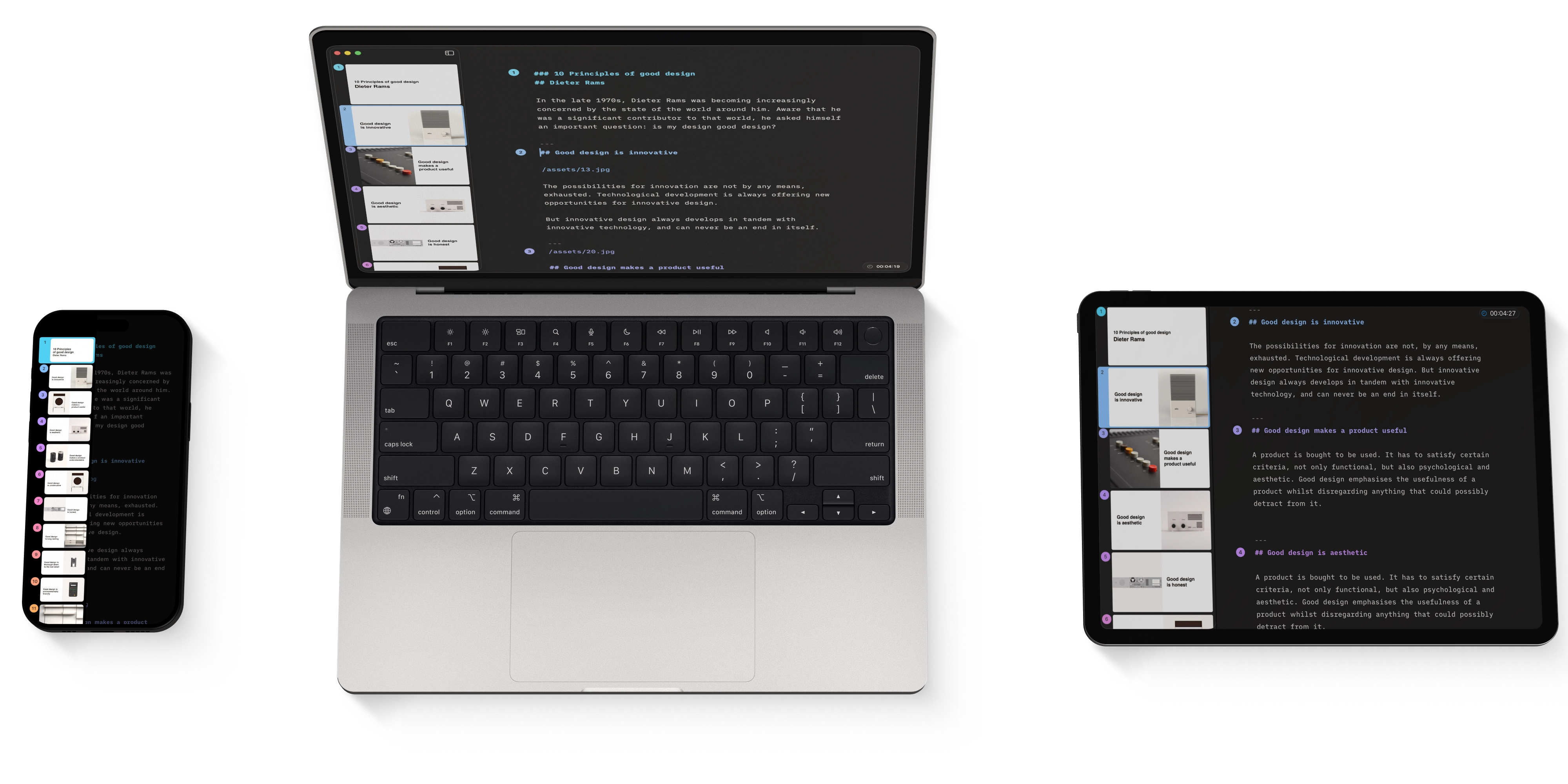 iA Presenter displayed on a Mac, iPhone, and iPad.