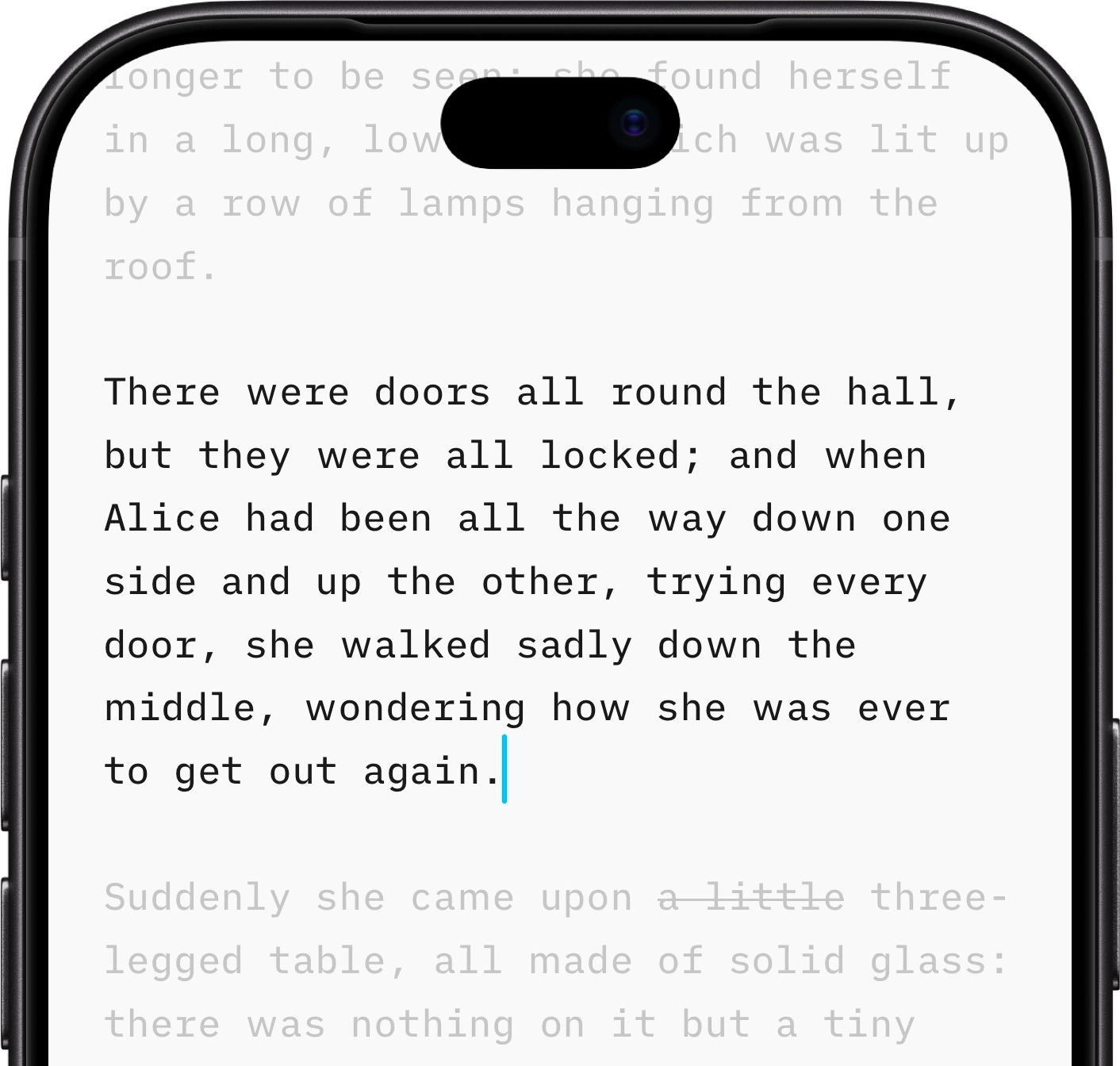iA Writer's Focus mode highlighting a single phrase in the text