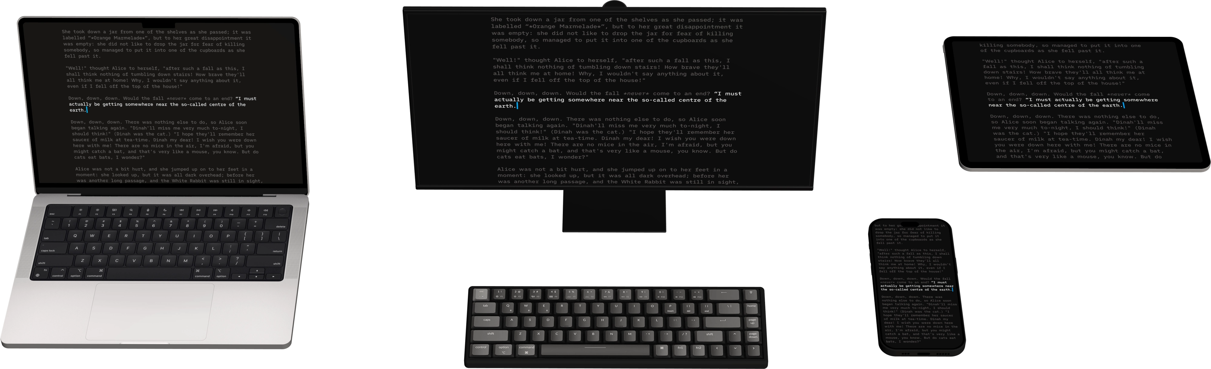 iA Writer displayed on a PC, Mac, iPhone, and iPad.