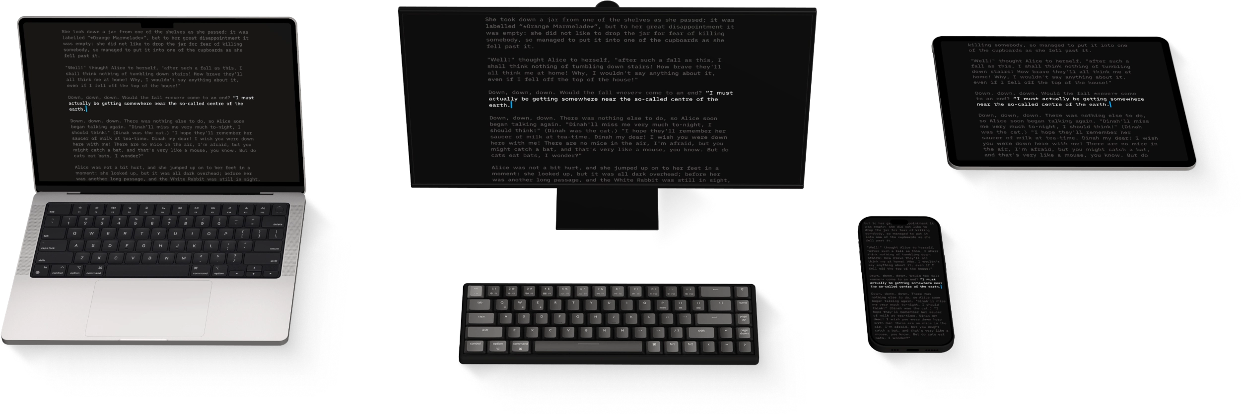 iA Writer displayed on a PC, Mac, iPhone, and iPad.
