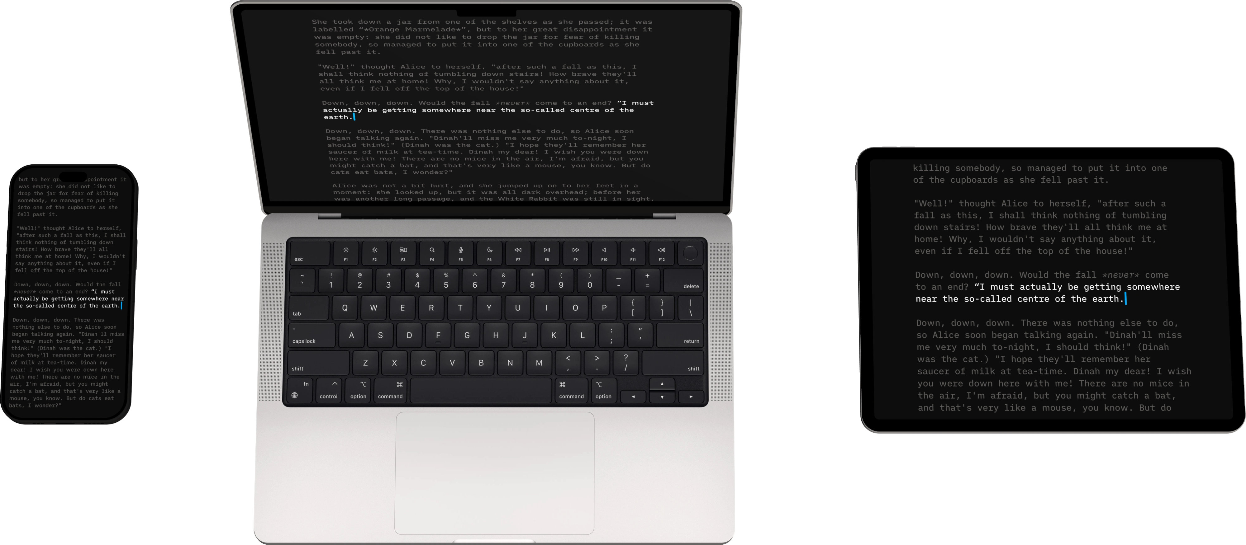 iA Writer displayed on a Mac, iPhone, and iPad.