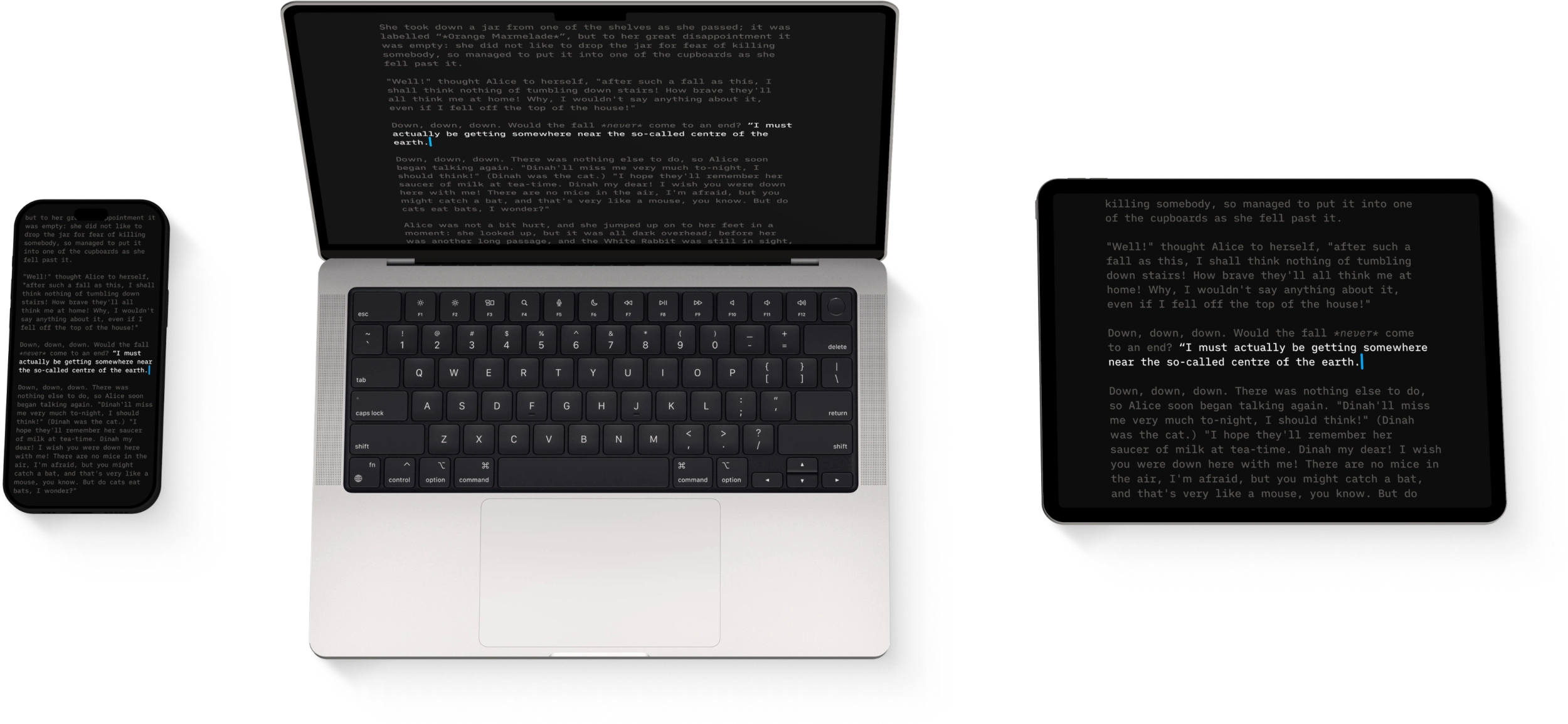 iA Writer displayed on a Mac, iPhone, and iPad.